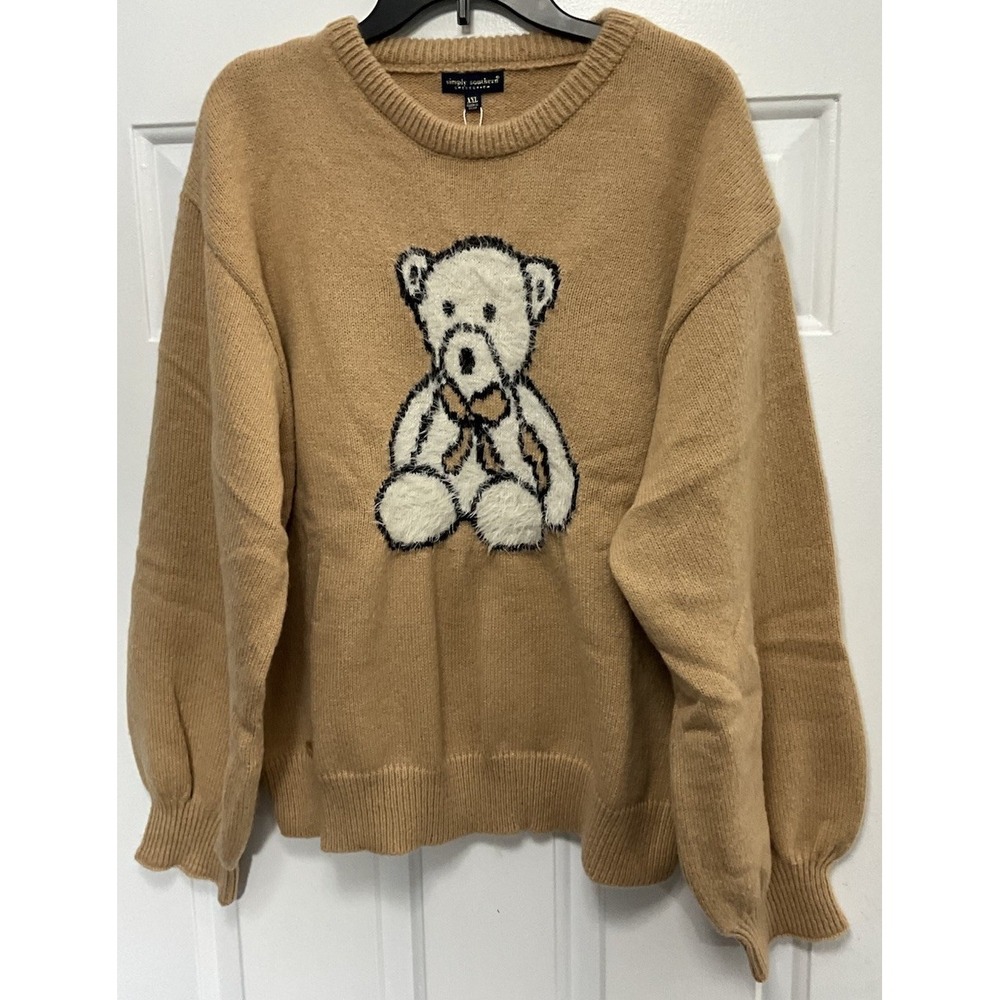 Simply Southern Coffee/Brown Embroidered Fuzzy Teddy Bear Sweater Women's XXL